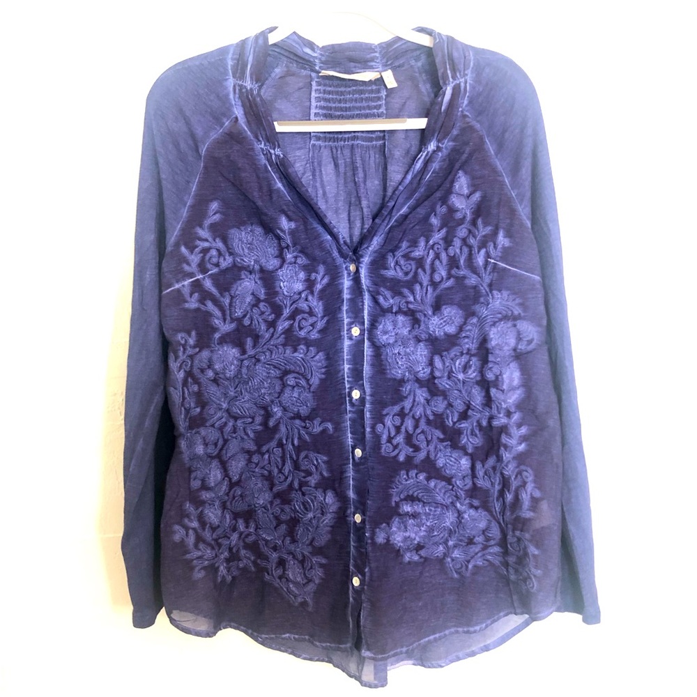 Soft Surroundings Watercolor Heavily Embroidered Cotton Boho Coastal Grandma Top